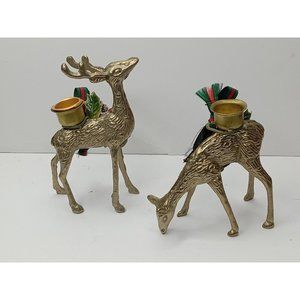 Vintage Brass Deer Taper Candle Holders Xmas doe and buck